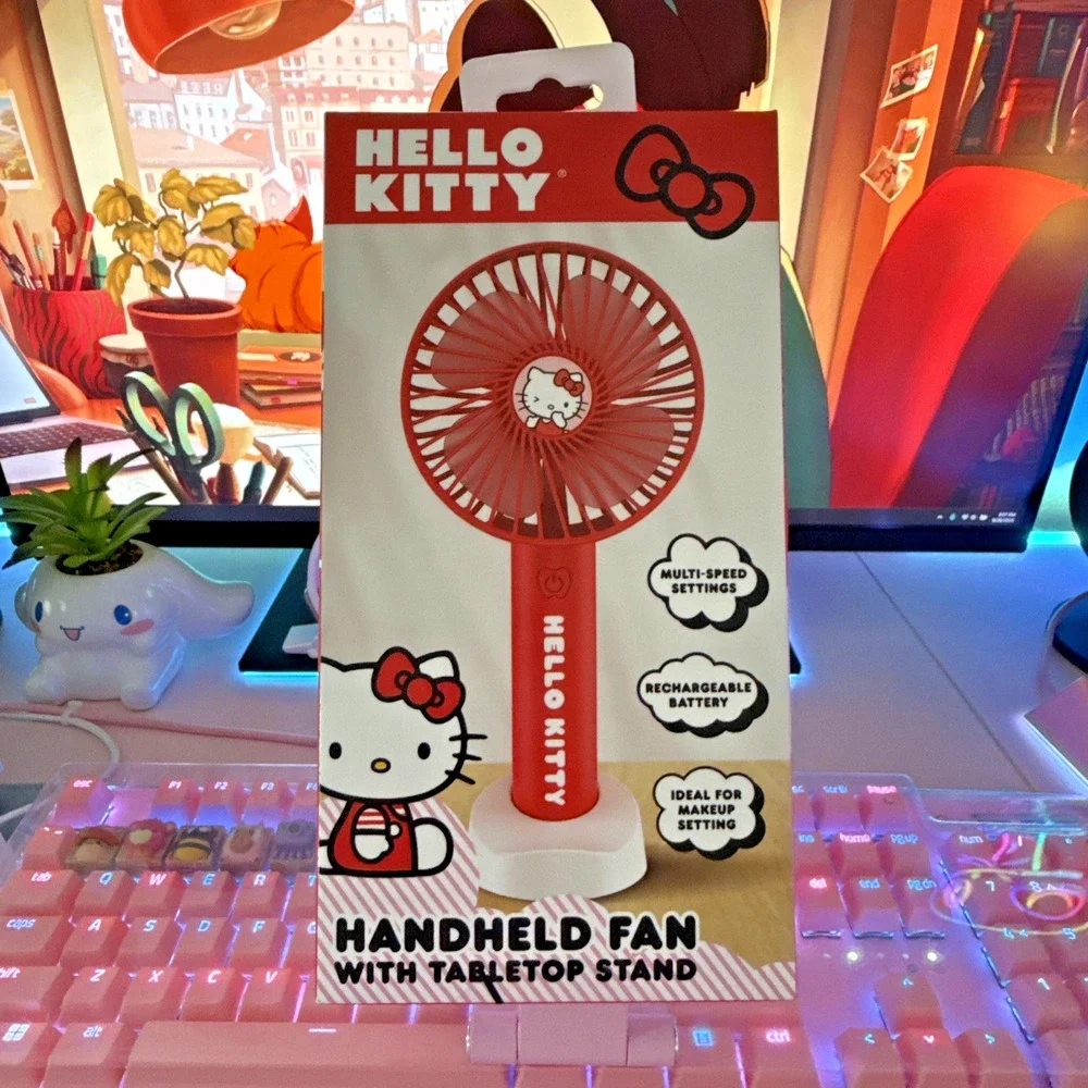 Hello Kitty Portable Fan Stand Makeup Multi Speed Rechargeable Cable 2025 Sanrio